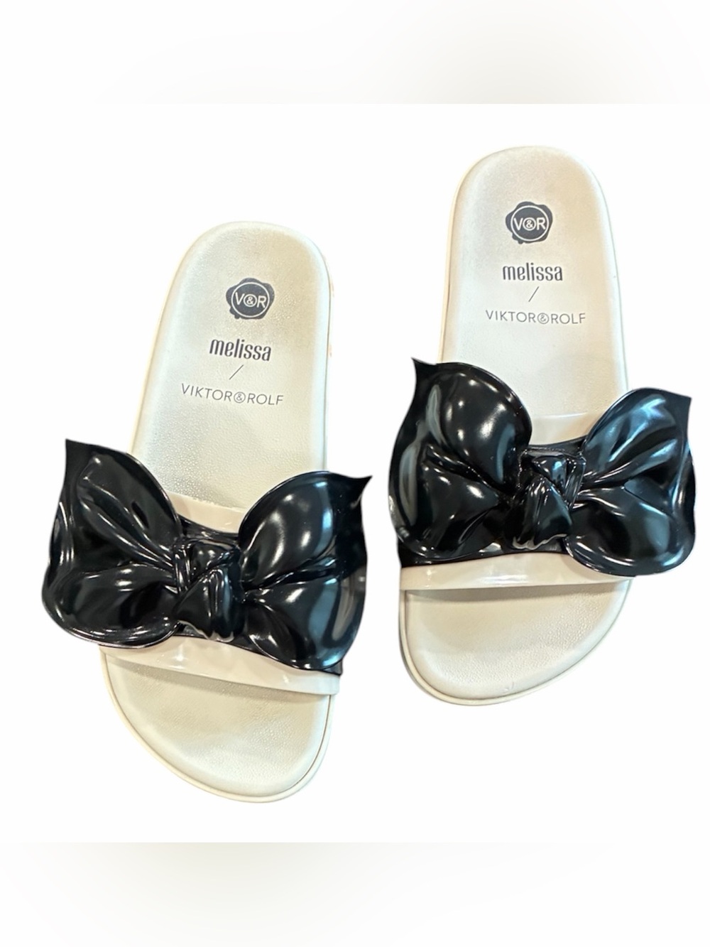 Viktor & Rolf Black Bow Slide Sandals on Cream Footbed Sz 7